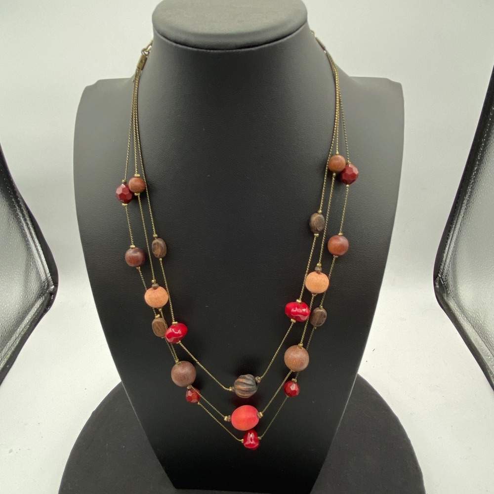 Lane Bryant Womens 20-24in Multi Strand Beaded Necklace Red Brown Wood Brass